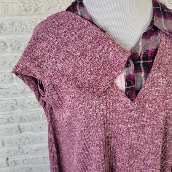 Catherines Womens Top 2X Plus Tunic Knit Purple Plaid Collar PLA59E - Picture 5 of 8